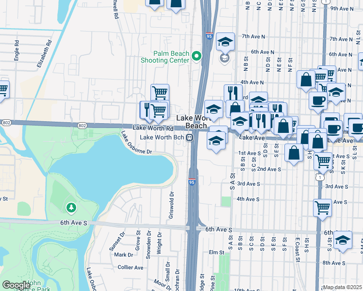 map of restaurants, bars, coffee shops, grocery stores, and more near 122 Holiday Drive in Lake Worth