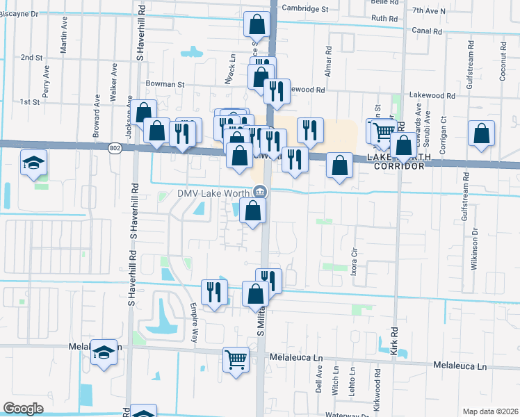 map of restaurants, bars, coffee shops, grocery stores, and more near 4215 South Military Trail in Lake Worth