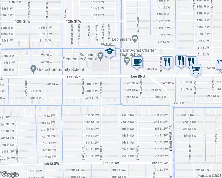 map of restaurants, bars, coffee shops, grocery stores, and more near 3415 4th Street West in Lehigh Acres