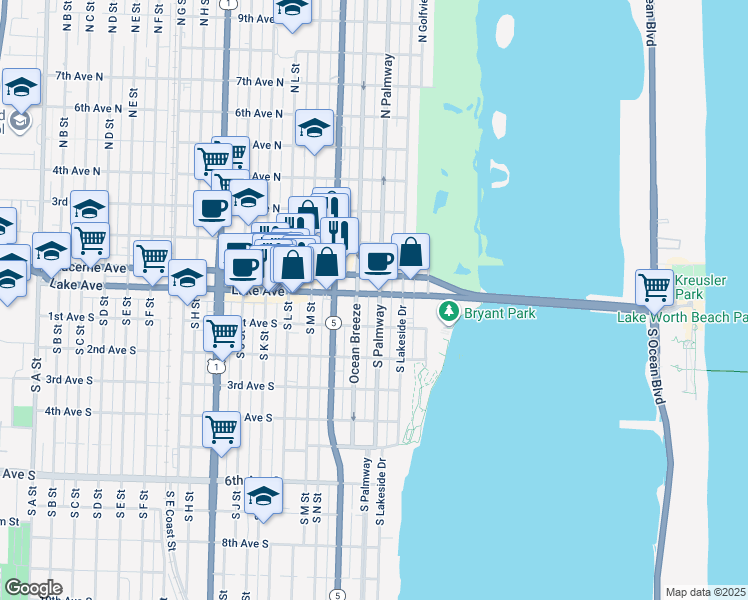 map of restaurants, bars, coffee shops, grocery stores, and more near 1 South Palmway in Lake Worth Beach
