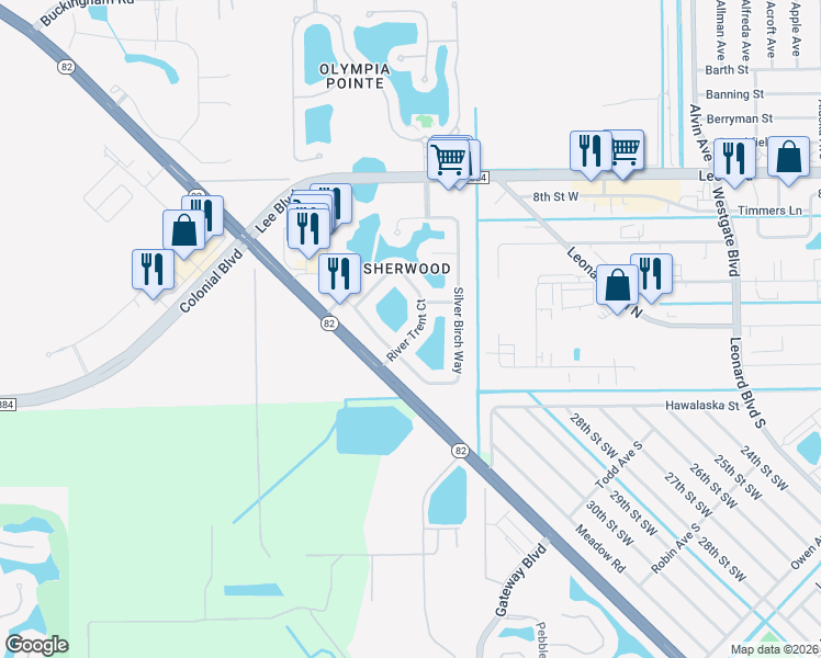 map of restaurants, bars, coffee shops, grocery stores, and more near 11150 River Trent Court in Lehigh Acres