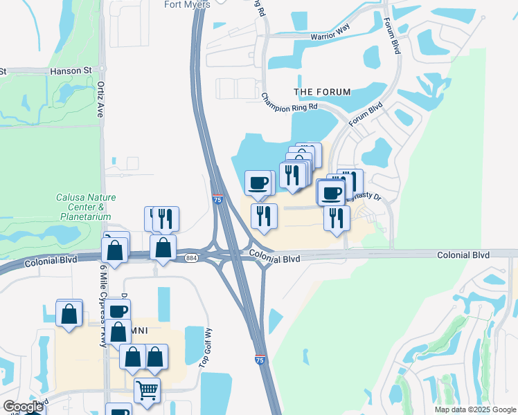 map of restaurants, bars, coffee shops, grocery stores, and more near 9350 Dynasty Drive in Fort Myers
