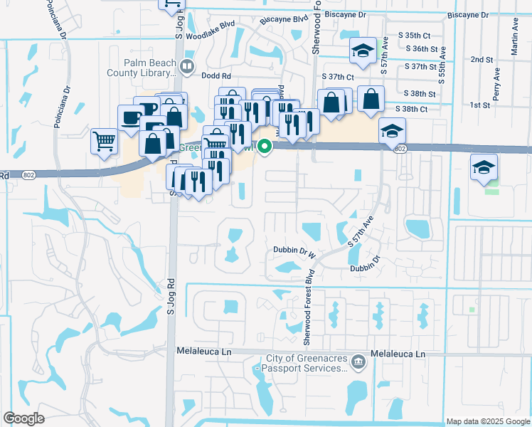map of restaurants, bars, coffee shops, grocery stores, and more near 98 South Stuart Circle in Greenacres