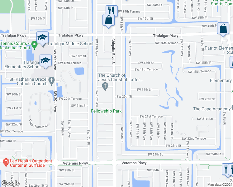 map of restaurants, bars, coffee shops, grocery stores, and more near 1931 Chiquita Boulevard South in Cape Coral