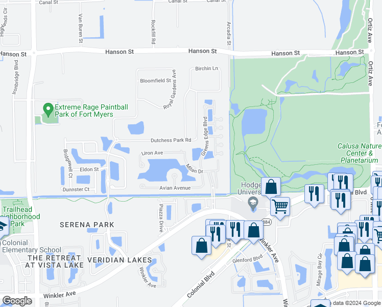 map of restaurants, bars, coffee shops, grocery stores, and more near 3503 Milan Drive in Fort Myers