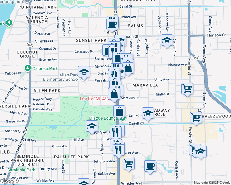map of restaurants, bars, coffee shops, grocery stores, and more near 1950 Ricardo Avenue in Fort Myers