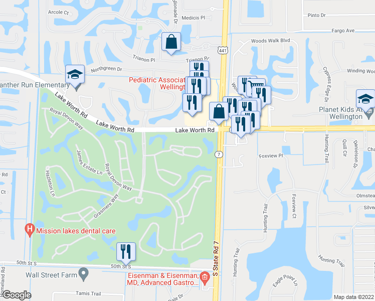 map of restaurants, bars, coffee shops, grocery stores, and more near 10125 Andover Coach Circle in Wellington