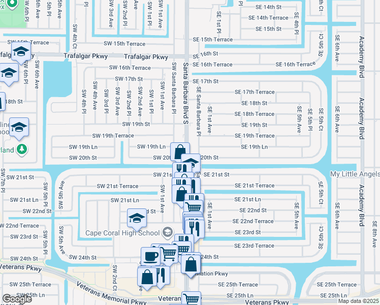map of restaurants, bars, coffee shops, grocery stores, and more near 1918 Southeast Santa Barbara Place in Cape Coral