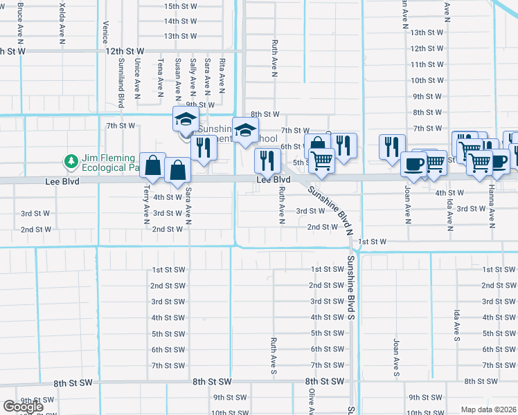 map of restaurants, bars, coffee shops, grocery stores, and more near 3310 3rd Street West in Lehigh Acres