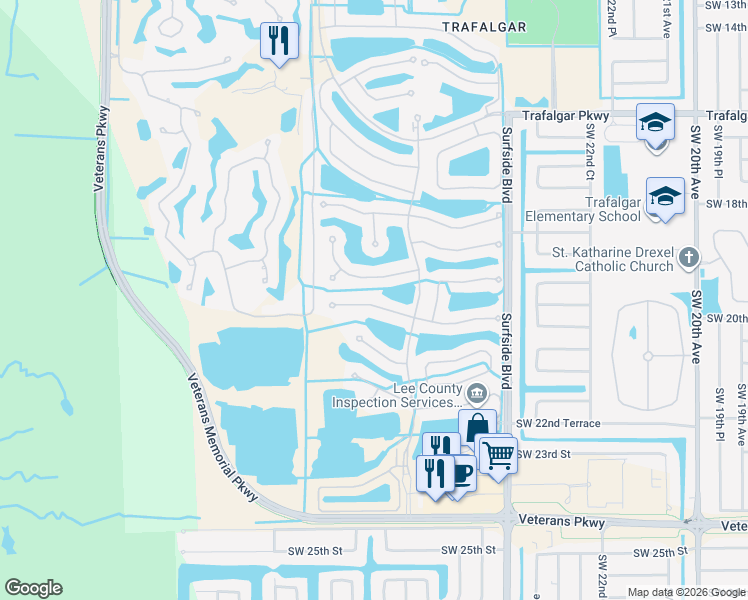 map of restaurants, bars, coffee shops, grocery stores, and more near 2639 Bellingham Court in Cape Coral