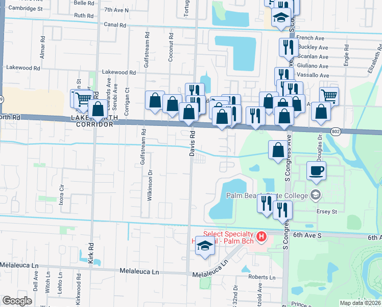 map of restaurants, bars, coffee shops, grocery stores, and more near 4163 Davis Road in Palm Springs