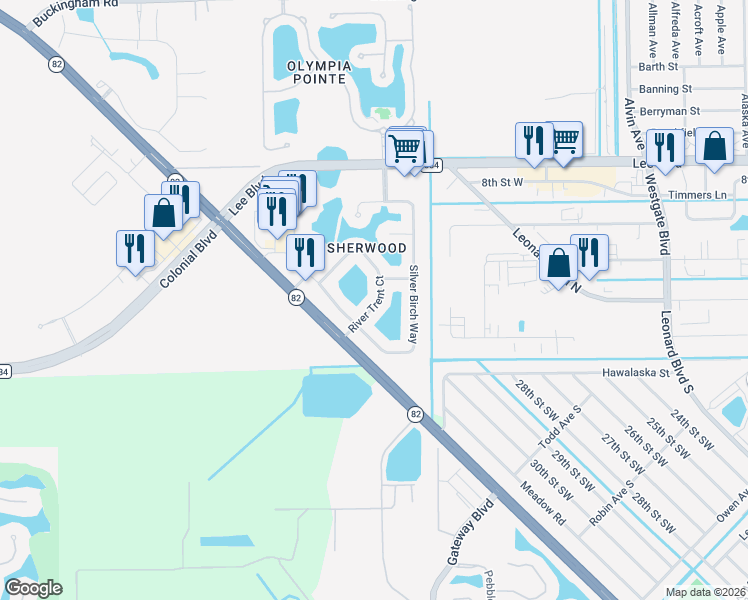 map of restaurants, bars, coffee shops, grocery stores, and more near 11138 River Trent Court in Lehigh Acres