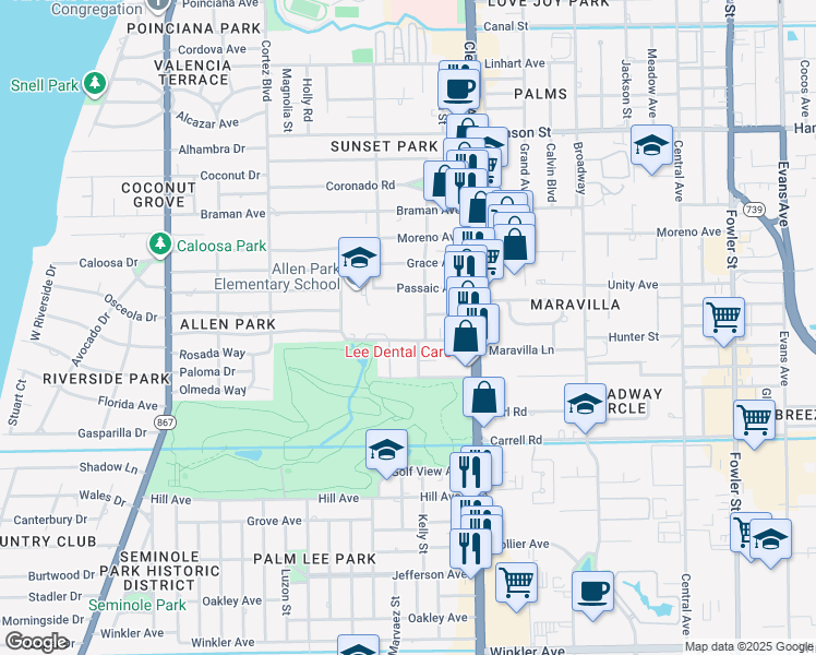 map of restaurants, bars, coffee shops, grocery stores, and more near 1879 Ricardo Avenue in Fort Myers