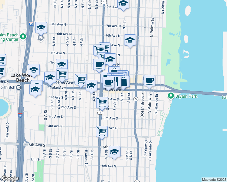 map of restaurants, bars, coffee shops, grocery stores, and more near 604 Lake Avenue in Lake Worth Beach