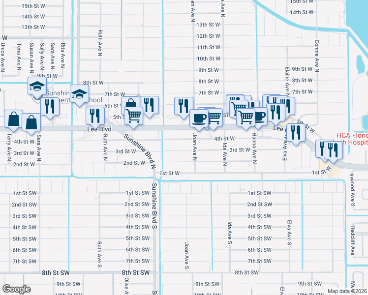 map of restaurants, bars, coffee shops, grocery stores, and more near 3007 4th Street West in Lehigh Acres