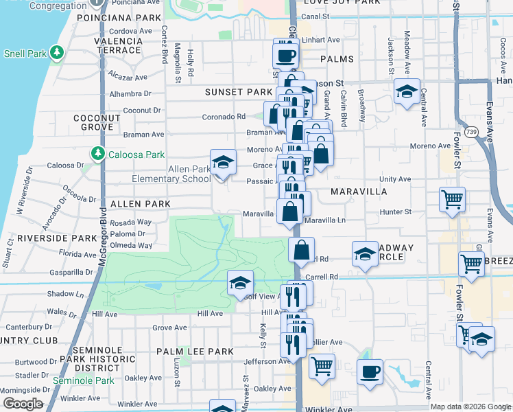 map of restaurants, bars, coffee shops, grocery stores, and more near 1879 Ricardo Avenue in Fort Myers