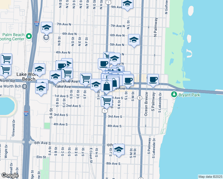 map of restaurants, bars, coffee shops, grocery stores, and more near 7 North J Street in Lake Worth Beach