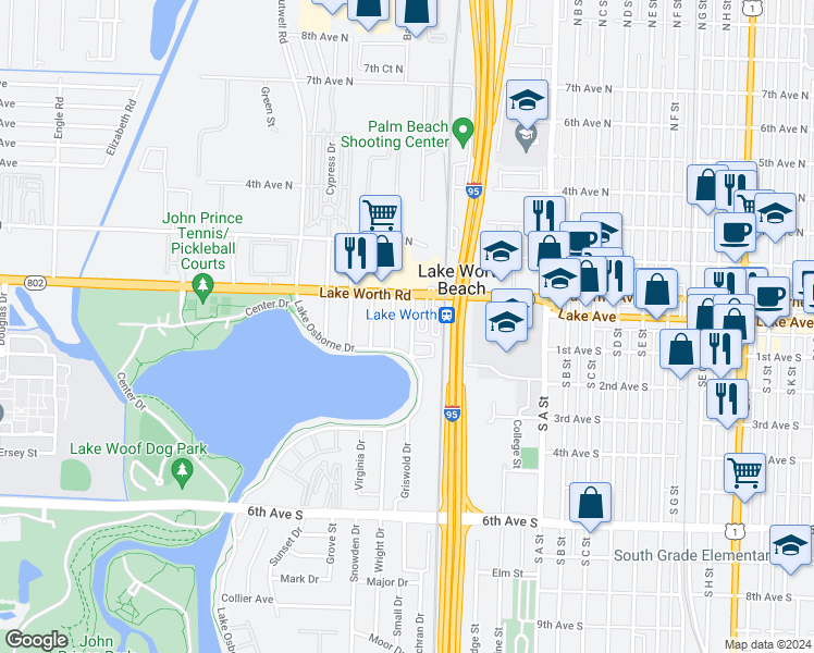 map of restaurants, bars, coffee shops, grocery stores, and more near 122 Holiday Drive in Lake Worth