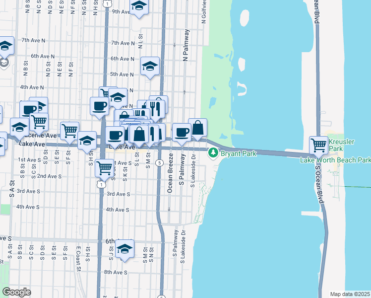 map of restaurants, bars, coffee shops, grocery stores, and more near 200 Lake Ave in Lake Worth