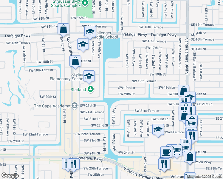 map of restaurants, bars, coffee shops, grocery stores, and more near 502 Southwest 19th Lane in Cape Coral