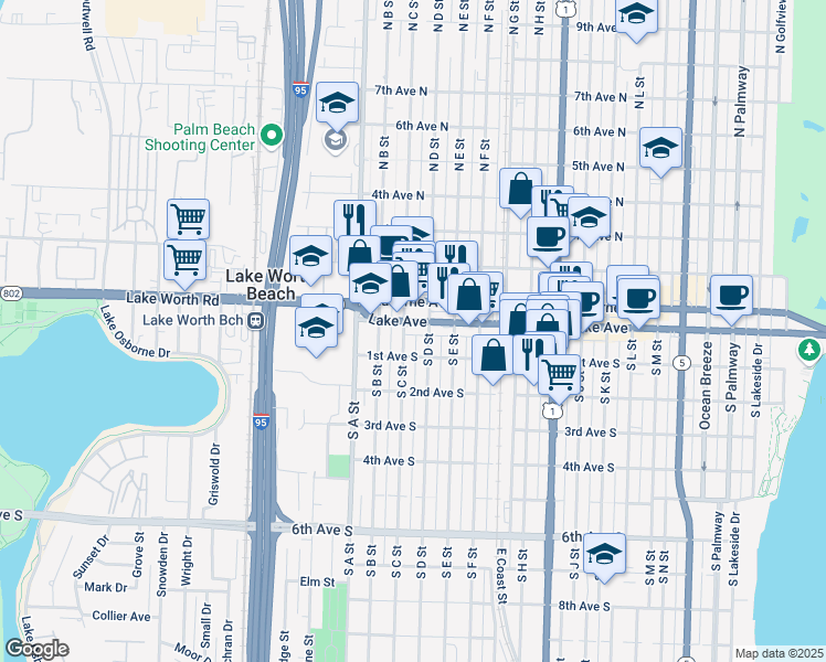 map of restaurants, bars, coffee shops, grocery stores, and more near 1409 Lake Avenue in Lake Worth