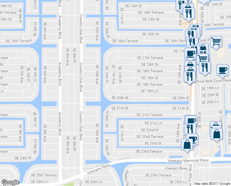 map of restaurants, bars, coffee shops, grocery stores, and more near 1104 Southeast 19th Street in Cape Coral