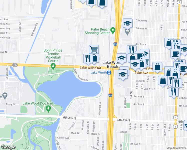 map of restaurants, bars, coffee shops, grocery stores, and more near 126 Cleveland Street in Lake Worth