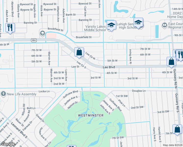 map of restaurants, bars, coffee shops, grocery stores, and more near 4912 Lee Circle South in Lehigh Acres