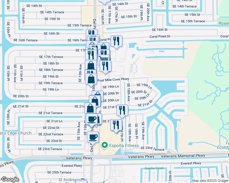 map of restaurants, bars, coffee shops, grocery stores, and more near 1718 Southeast 19th Lane in Cape Coral