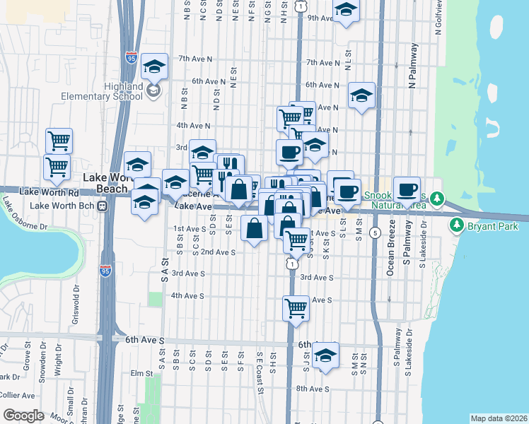 map of restaurants, bars, coffee shops, grocery stores, and more near 1035 Lake Avenue in Lake Worth