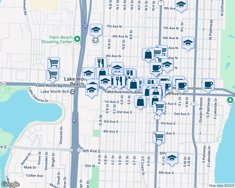 map of restaurants, bars, coffee shops, grocery stores, and more near in Lake Worth Beach