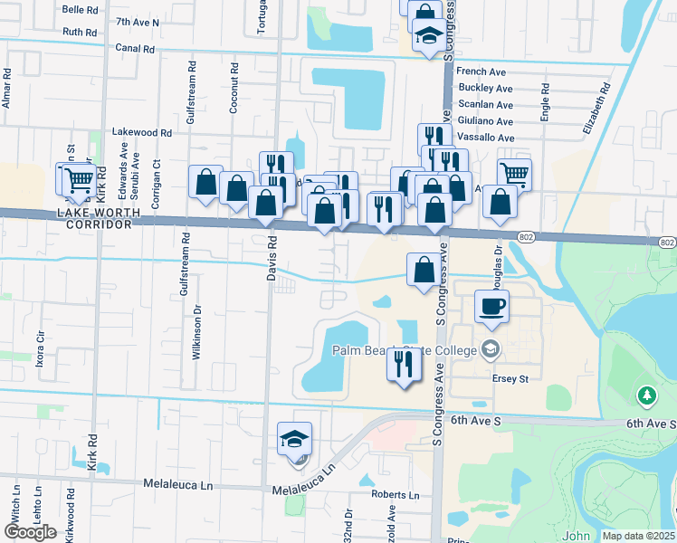 map of restaurants, bars, coffee shops, grocery stores, and more near 69 Deer Path Lane in Lake Worth