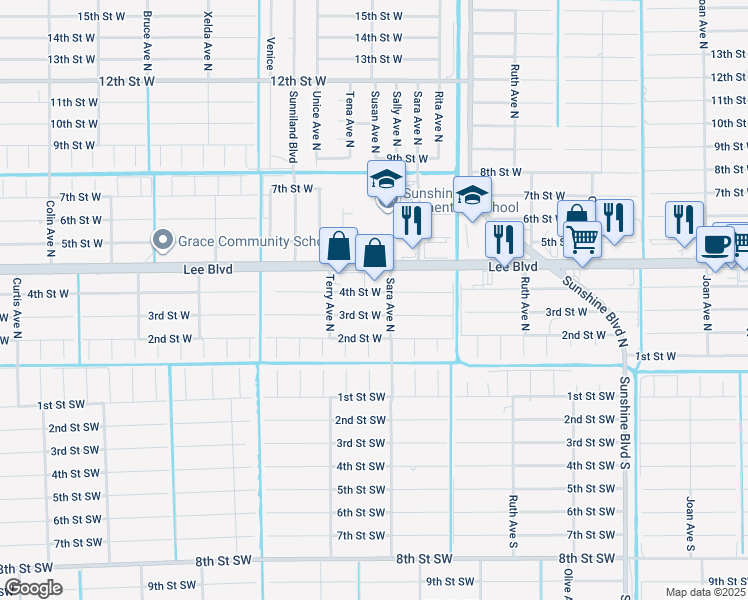 map of restaurants, bars, coffee shops, grocery stores, and more near 3505 4th Street West in Lehigh Acres