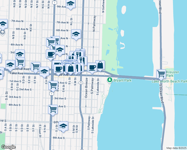 map of restaurants, bars, coffee shops, grocery stores, and more near 200 Lake Avenue in Lake Worth