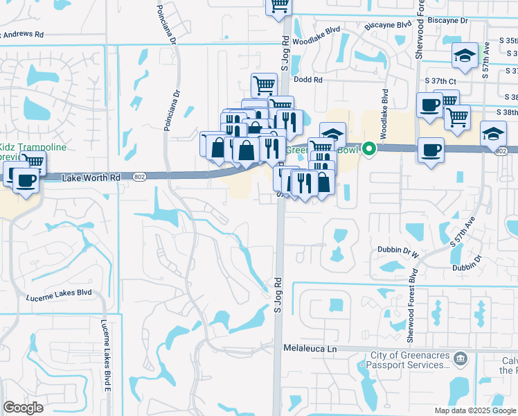 map of restaurants, bars, coffee shops, grocery stores, and more near 4211 Turnberry Circle in Lake Worth