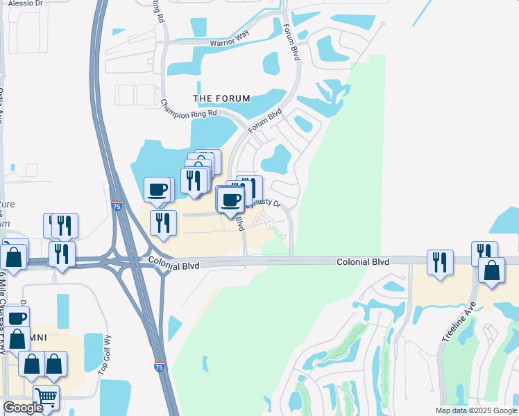 map of restaurants, bars, coffee shops, grocery stores, and more near 3415 Forum Boulevard in Fort Myers