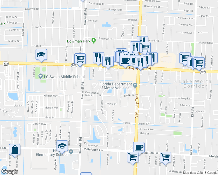 map of restaurants, bars, coffee shops, grocery stores, and more near 4198 Centurian Circle in Greenacres