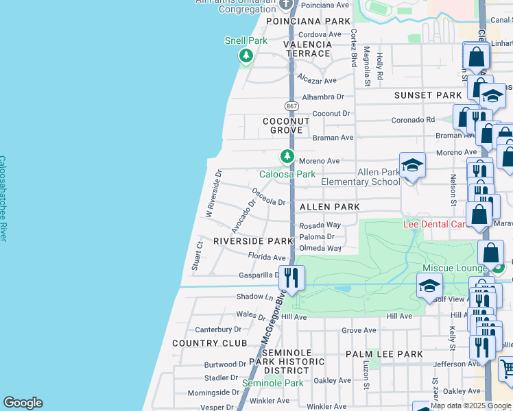 map of restaurants, bars, coffee shops, grocery stores, and more near 3325 Avocado Drive in Fort Myers