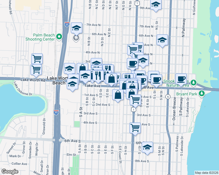 map of restaurants, bars, coffee shops, grocery stores, and more near 1224 Lake Avenue in Lake Worth