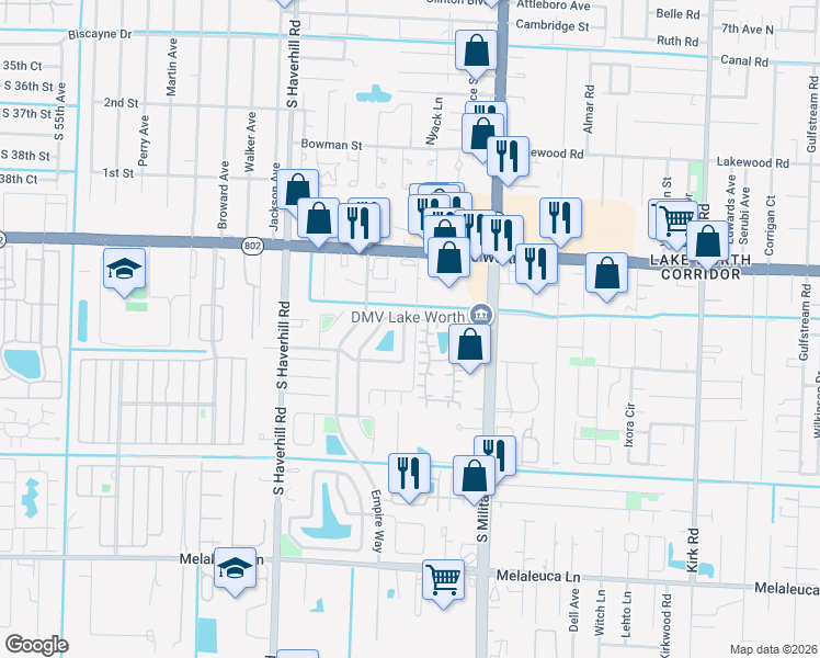 map of restaurants, bars, coffee shops, grocery stores, and more near 4208 Landar Drive North in Lake Worth