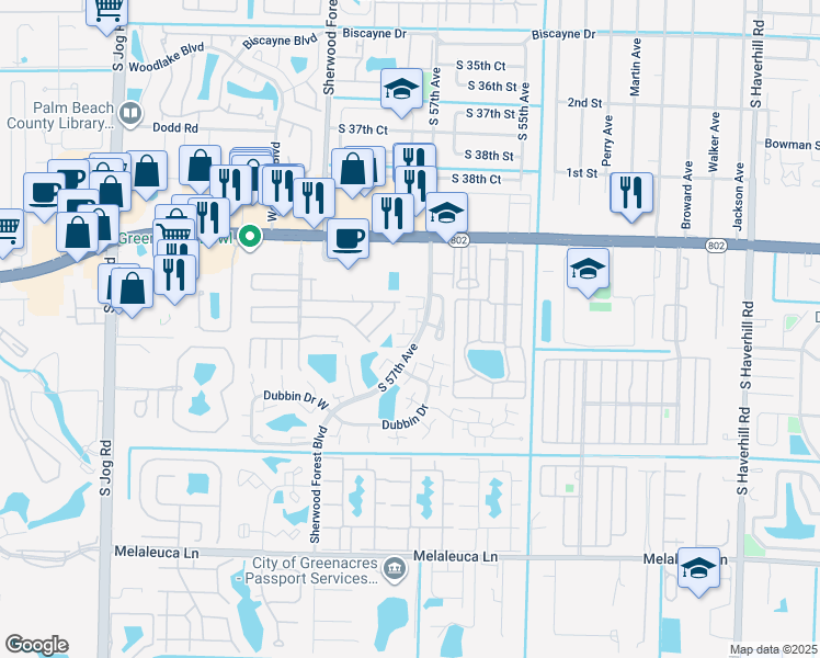 map of restaurants, bars, coffee shops, grocery stores, and more near 4225 South 57th Avenue in Greenacres