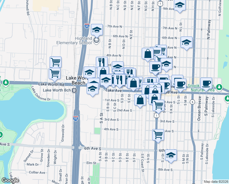 map of restaurants, bars, coffee shops, grocery stores, and more near in Lake Worth Beach