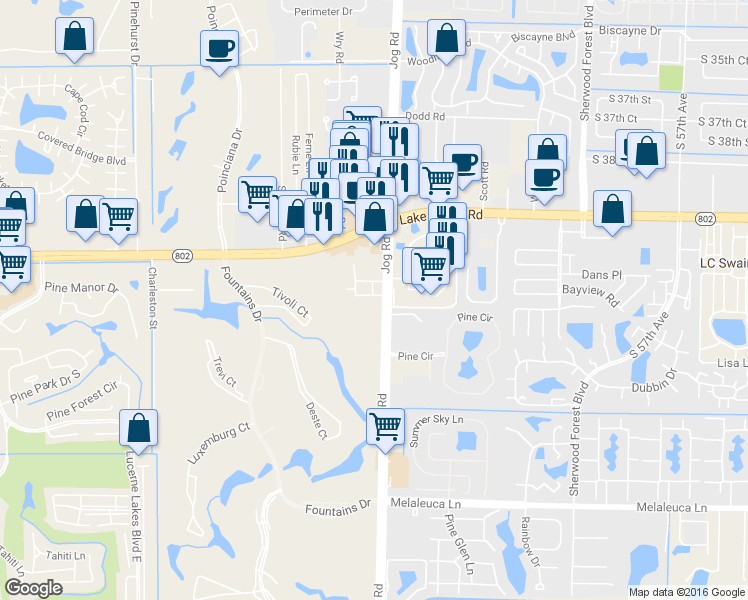 map of restaurants, bars, coffee shops, grocery stores, and more near 4211 Turnberry Circle in Lake Worth