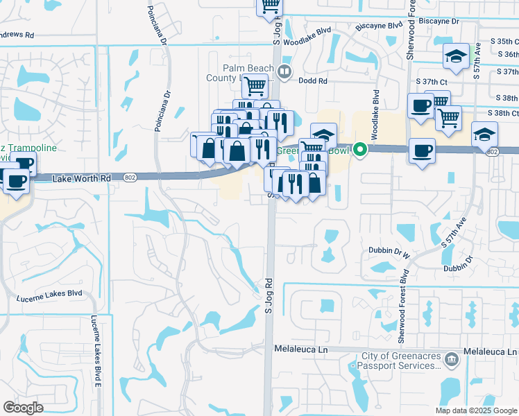 map of restaurants, bars, coffee shops, grocery stores, and more near 4211 Turnberry Circle in Lake Worth