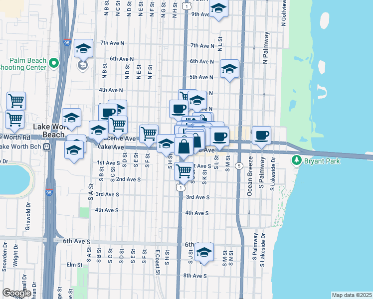 map of restaurants, bars, coffee shops, grocery stores, and more near in Lake Worth Beach