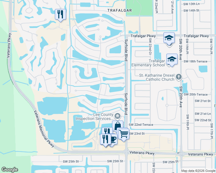 map of restaurants, bars, coffee shops, grocery stores, and more near 2520 Woodbourne Place in Cape Coral