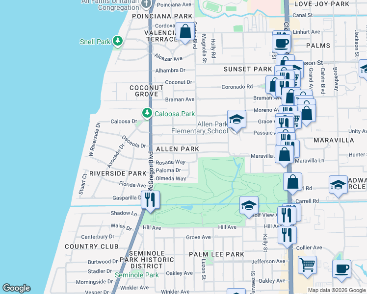 map of restaurants, bars, coffee shops, grocery stores, and more near 1500 Ricardo Avenue in Fort Myers