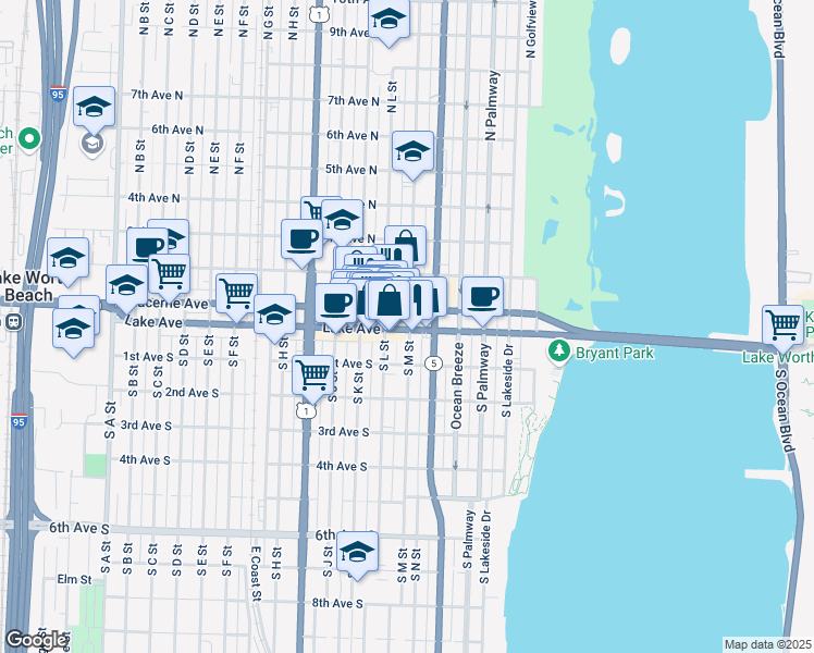 map of restaurants, bars, coffee shops, grocery stores, and more near 500 Lake Ave in Lake Worth