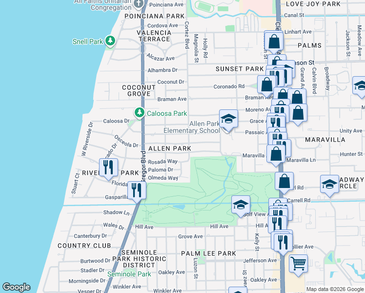 map of restaurants, bars, coffee shops, grocery stores, and more near 1574 Ricardo Avenue in Fort Myers