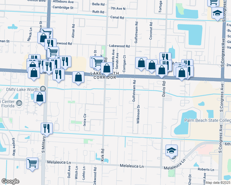 map of restaurants, bars, coffee shops, grocery stores, and more near in Lake Worth Corridor